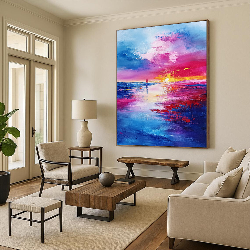 Contemporary hand-painted abstract art featuring a textured landscape of the sky and sea at sunset with vibrant shades of blue purple and red. DLZ0658