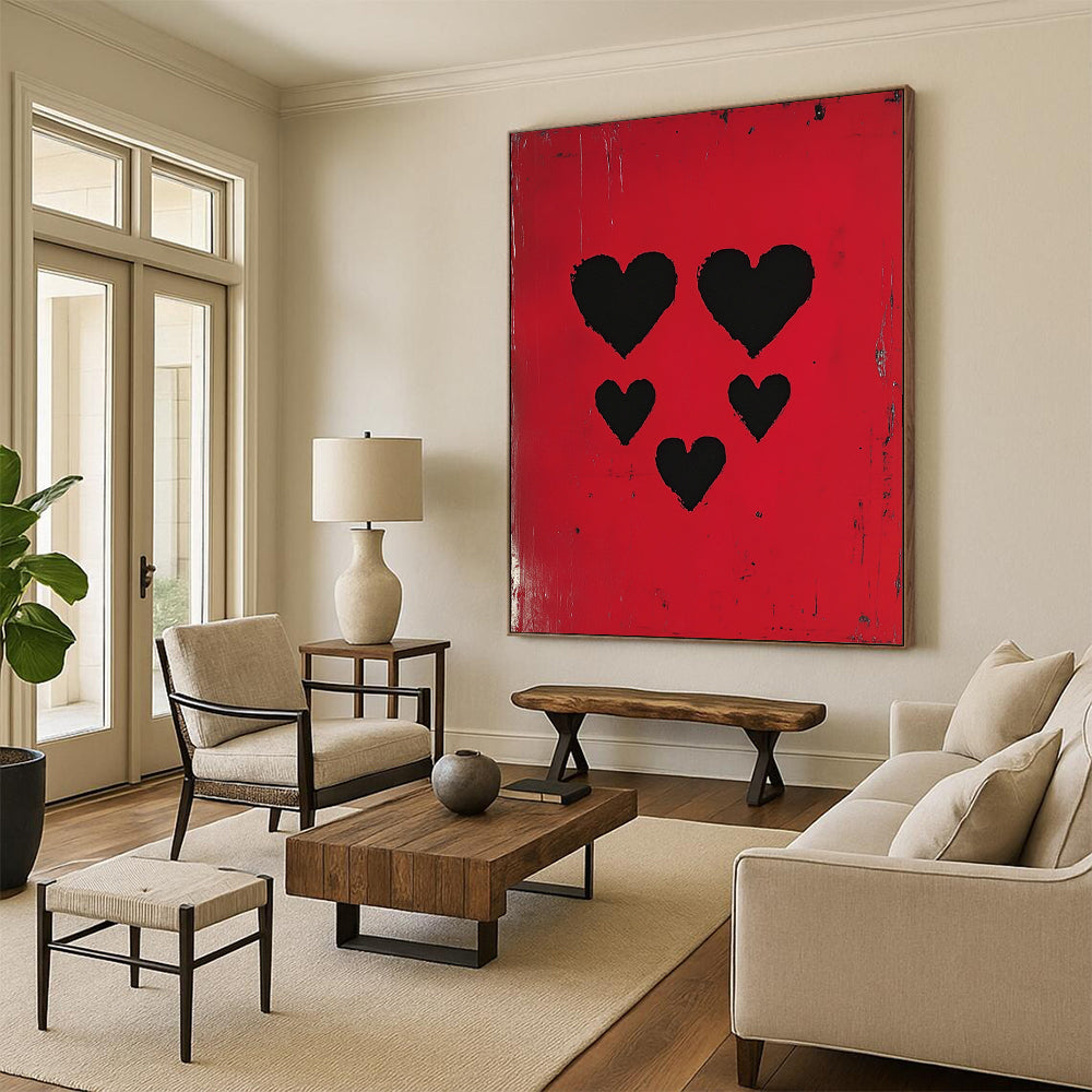 Contemporary abstract artwork featuring three black hearts against a vibrant red background, inspired by pop art and modern portraiture. DLZ1712