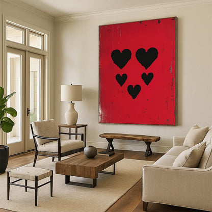 Contemporary abstract artwork featuring three black hearts against a vibrant red background, inspired by pop art and modern portraiture. DLZ1712
