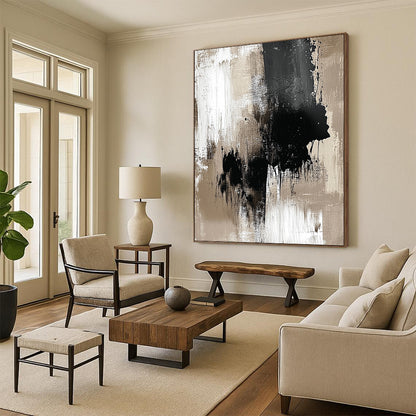 Contemporary hand-painted abstract art featuring a neutral palette of beige and black with monochromatic ink splashes for minimalist elegance. DLZ0929