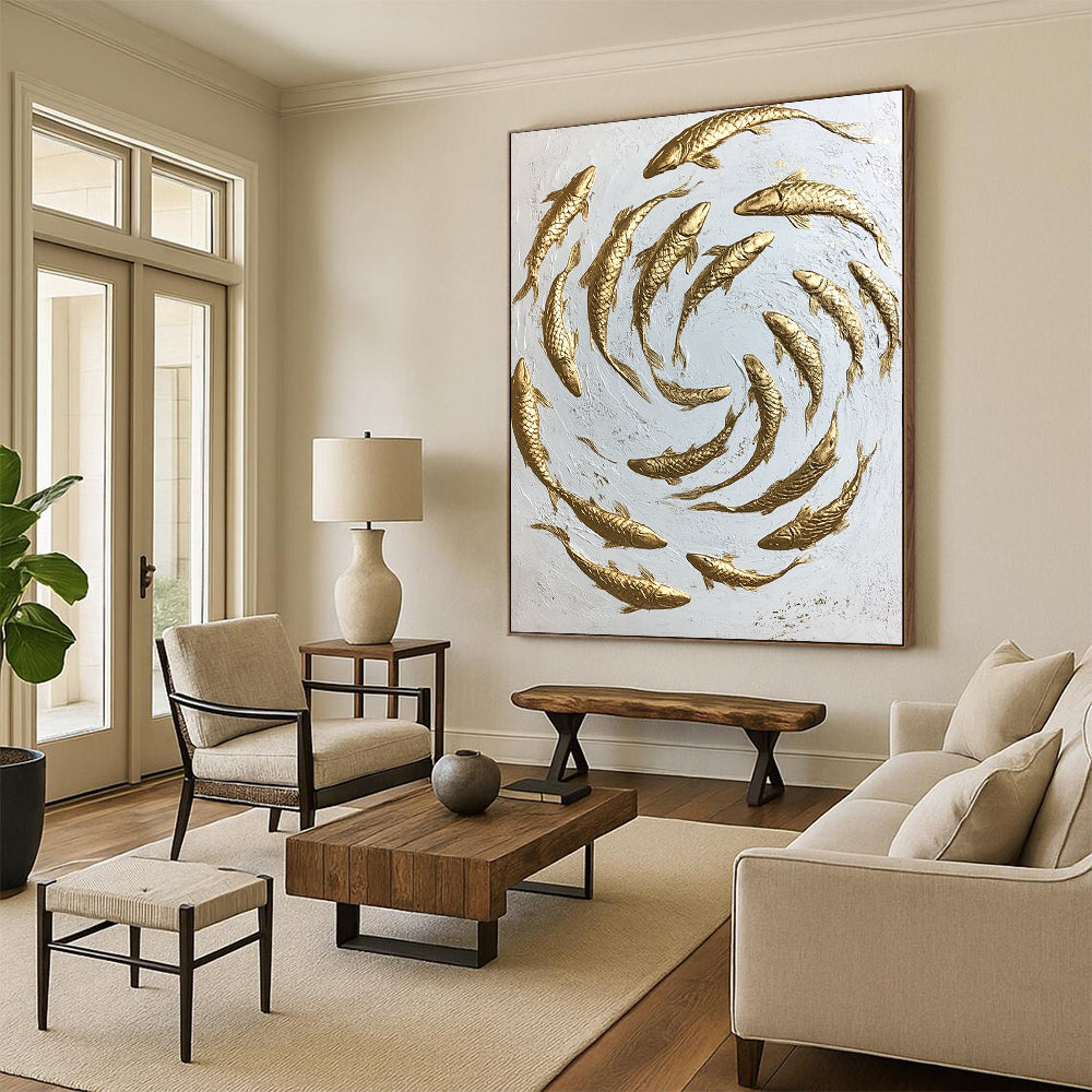 Contemporary hand-painted abstract art featuring swirling gold koi fish on a minimalist white canvas capturing dynamic movement and intricate details. DLZ1475