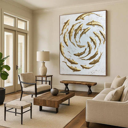 Contemporary hand-painted abstract art featuring swirling gold koi fish on a minimalist white canvas capturing dynamic movement and intricate details. DLZ1475