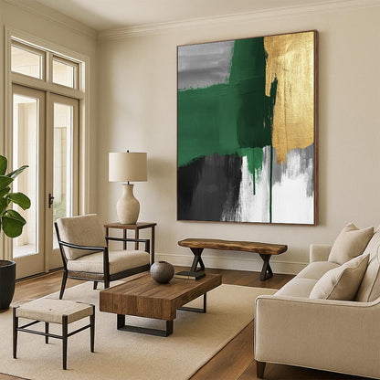 Contemporary hand-painted abstract art features green and grey brush strokes with gold accents and visible canvas texture, creating a striking surrealistic expressionist style. DLZ1626