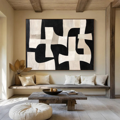 “Monochrome Geometric Interplay” - Black, White, Beige - Abstract Geometric Puzzle - Acrylic Painting HB1312