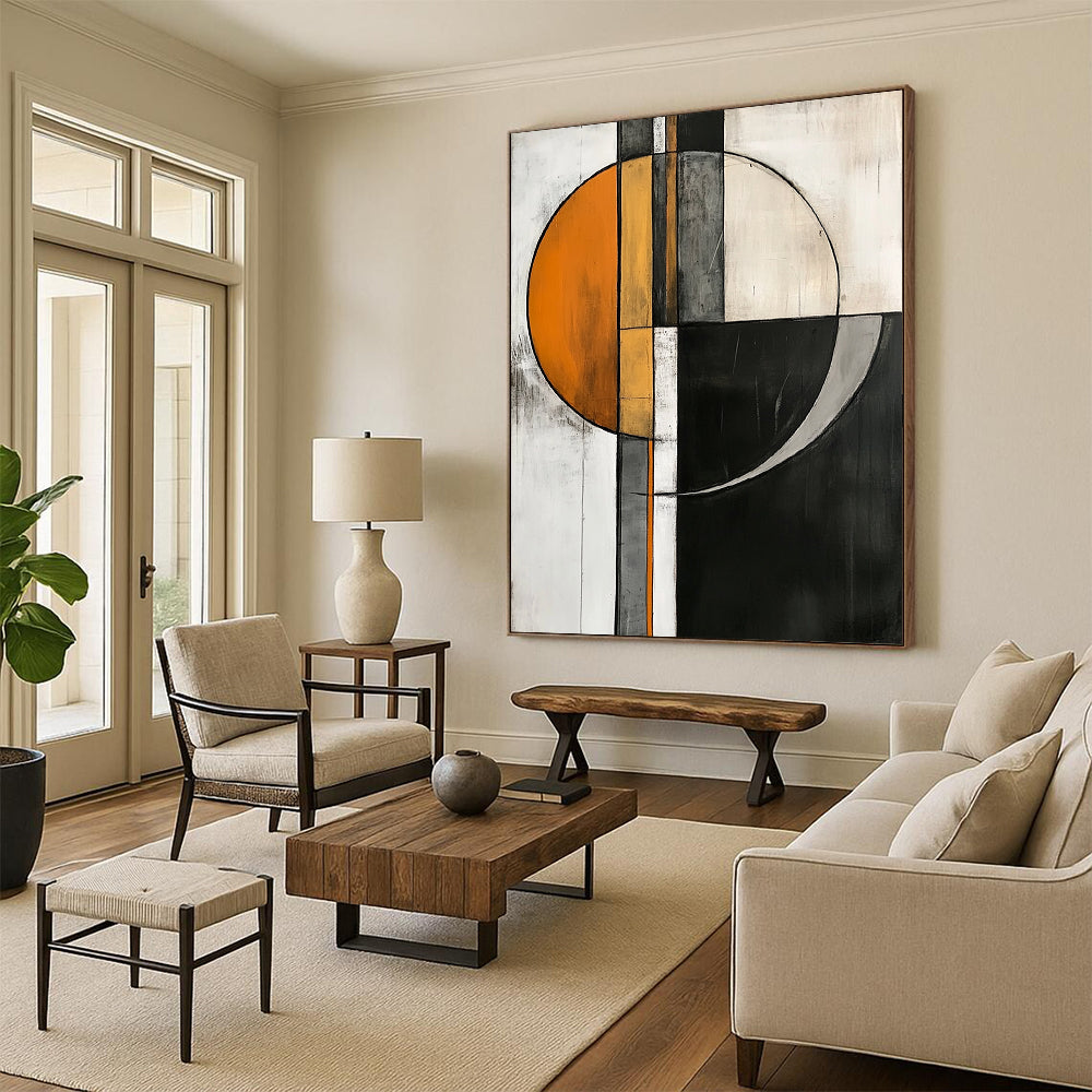 Contemporary abstract artwork featuring geometric shapes in orange, gray, and white on a striking black and white background. DLZ1017