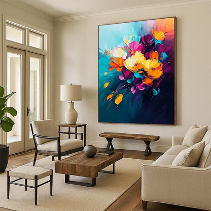 Large contemporary abstract painting featuring vibrant flowers on dark blue background with orange and pink accents soft brush strokes create energetic modern art style. DLZ0619