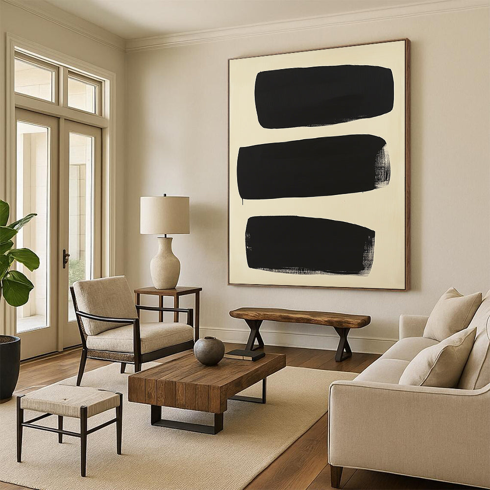 Contemporary abstract painting featuring five overlapping black shapes on a cream background inspired by Adolphus Reiffel's minimalistic style. DLZ1414