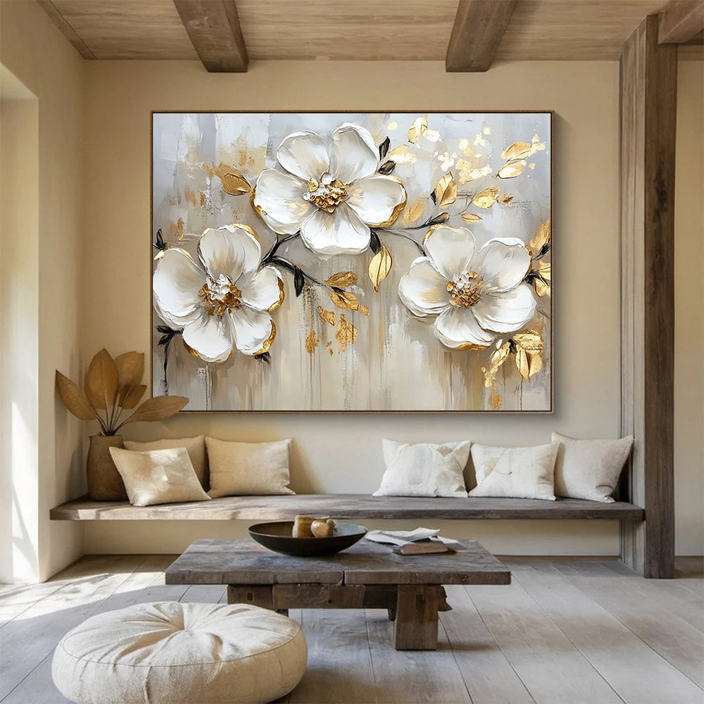 “White Flowers with Gold Edges on Beige” - White, Gold, Beige, White flowers with gold edges on beige - Impasto Oil Painting HB1787