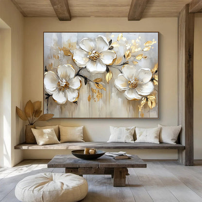 “White Flowers with Gold Edges on Beige” - White, Gold, Beige, White flowers with gold edges on beige - Impasto Oil Painting HB1787