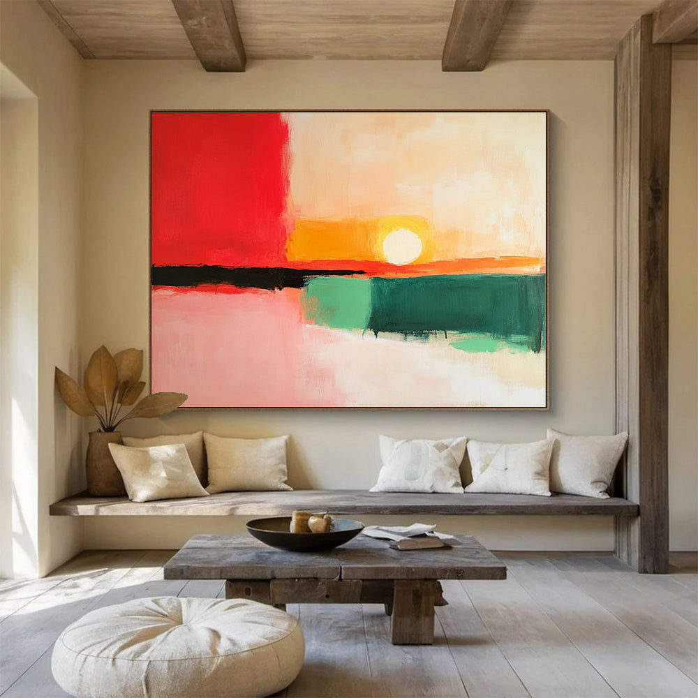 “Color Block Sunset” - Red, Orange, Yellow, Green, Pink, Minimalist Abstract Sunset Painting On Canvas HB1069