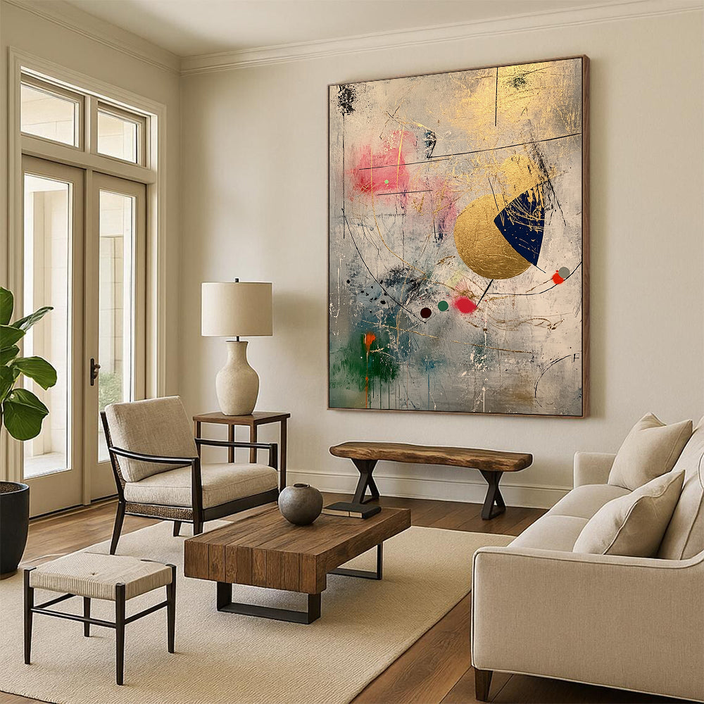 Gray, Gold, Pink, Blue, Abstract Shapes "Whimsical Fusion" Abstract Painting On Canvas HB032