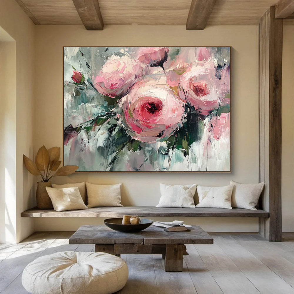 Pink Flowers with Impasto Texture - Expressive Floral Painting On Canvas HB0435