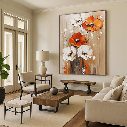 Contemporary hand-painted abstract artwork featuring vibrant orange and white flowers on a light brown background with rich accents in dark red and gold. DLZ0631