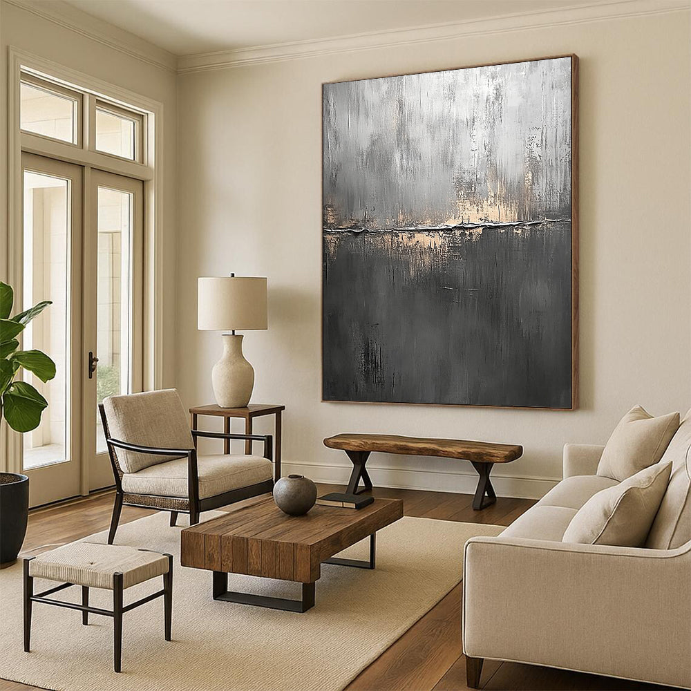 Contemporary abstract painting features a textured dark gray canvas with subtle brush strokes creating depth and visual intrigue. DLZ1281