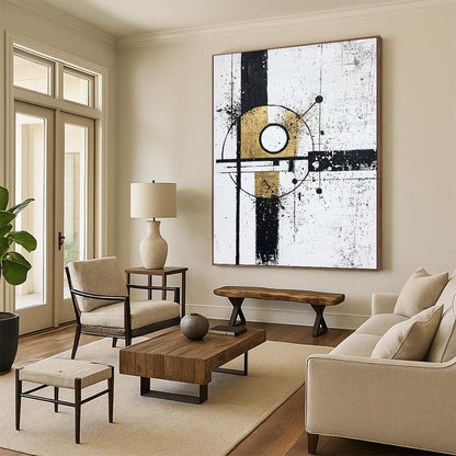 Black, White, Gold, Geometric Fusion "Gilded Geometry" Abstract Cubist - Inspired Painting On Canvas HB103