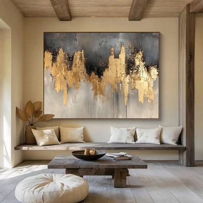 “Gold and Gray Abstract Skyline” - Gray, gold; Abstract skyline with gold accents; Acrylic Painting On Canvas HB1244