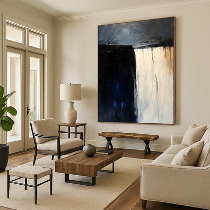 Large contemporary hand-painted abstract artwork featuring a white waterfall against a dark blue sky in a minimalist beige and black palette. DLZ0610