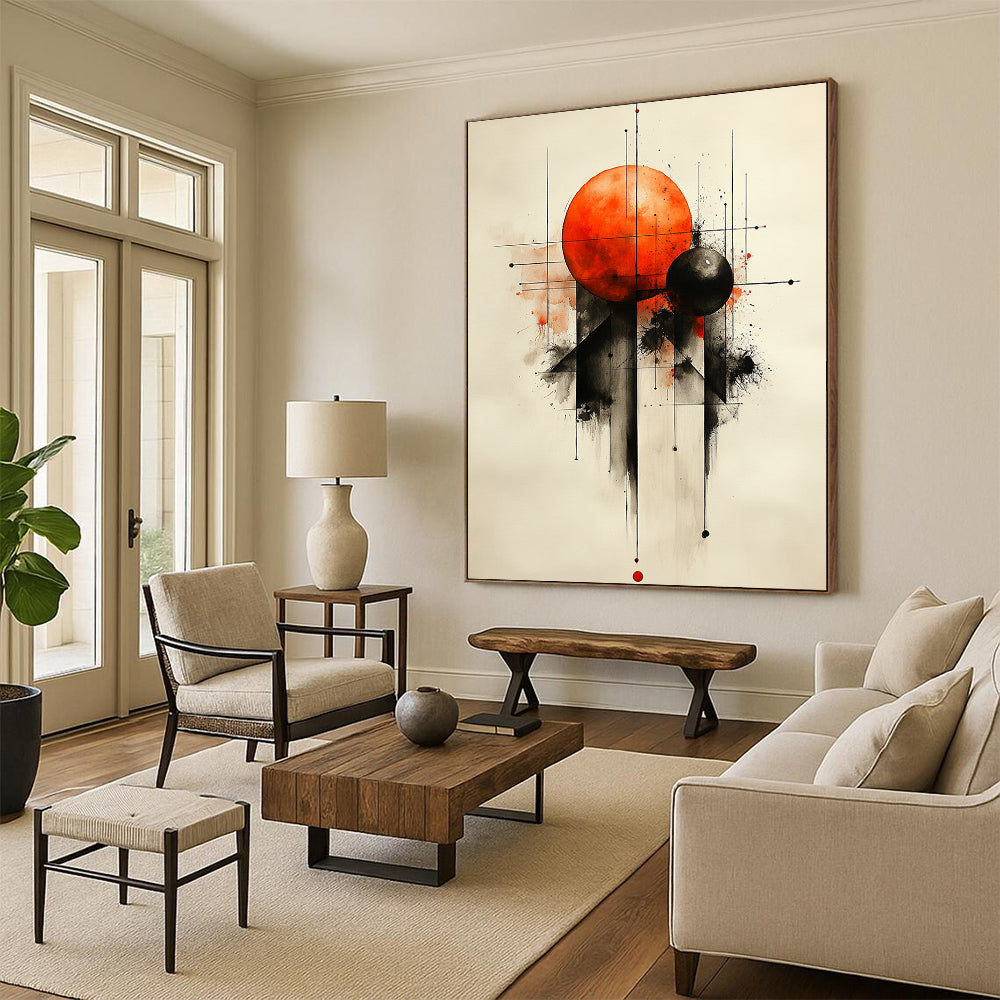 Contemporary abstract painting featuring geometric shapes with an orange sphere and black spheres on a textured white background. DLZ0857