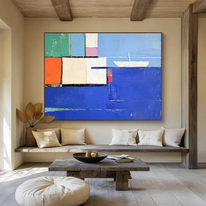 “Colorful Coastal Cubes” - Blue, Green, Orange, Pink, Abstract Cubist Coastal Painting On Canvas HB1075