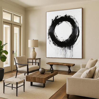White, Black and Gold Abstract Circle "Refined Enso" Painting On Canvas HB367
