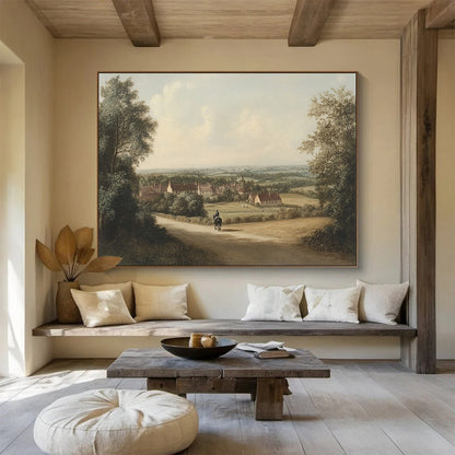 “Village Path with Rider” - Earthy tones, village scene, rider on path, Landscape Painting On Canvas HB0595