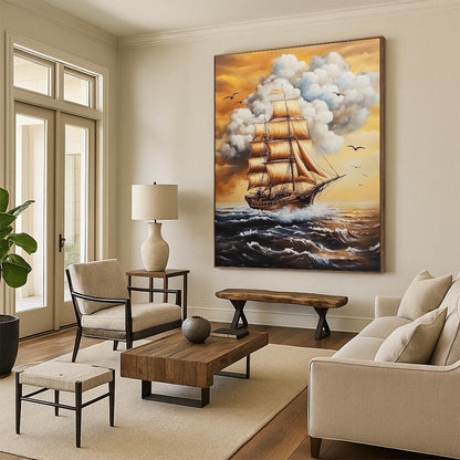 Contemporary hand-painted abstract art featuring a tall ship, white clouds, and birds, evoking a vintage nautical atmosphere. DLZ1477