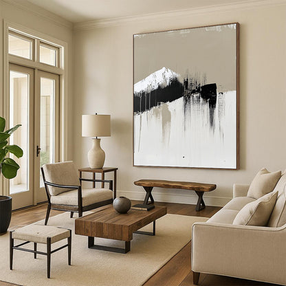 Contemporary hand-painted abstract art featuring a single brush stroke in neutral tones with black and white accents emphasizing minimalism. DLZ0971