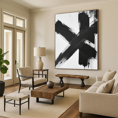 Contemporary large abstract painting featuring black and white brushstrokes dynamic textures and a symmetrical cross-shaped composition on a white background. DLZ1541