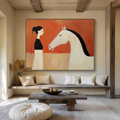 “Stylized Woman & Horse Encounter” - Black, White, Orange, Figurative Painting On Canvas HB0771