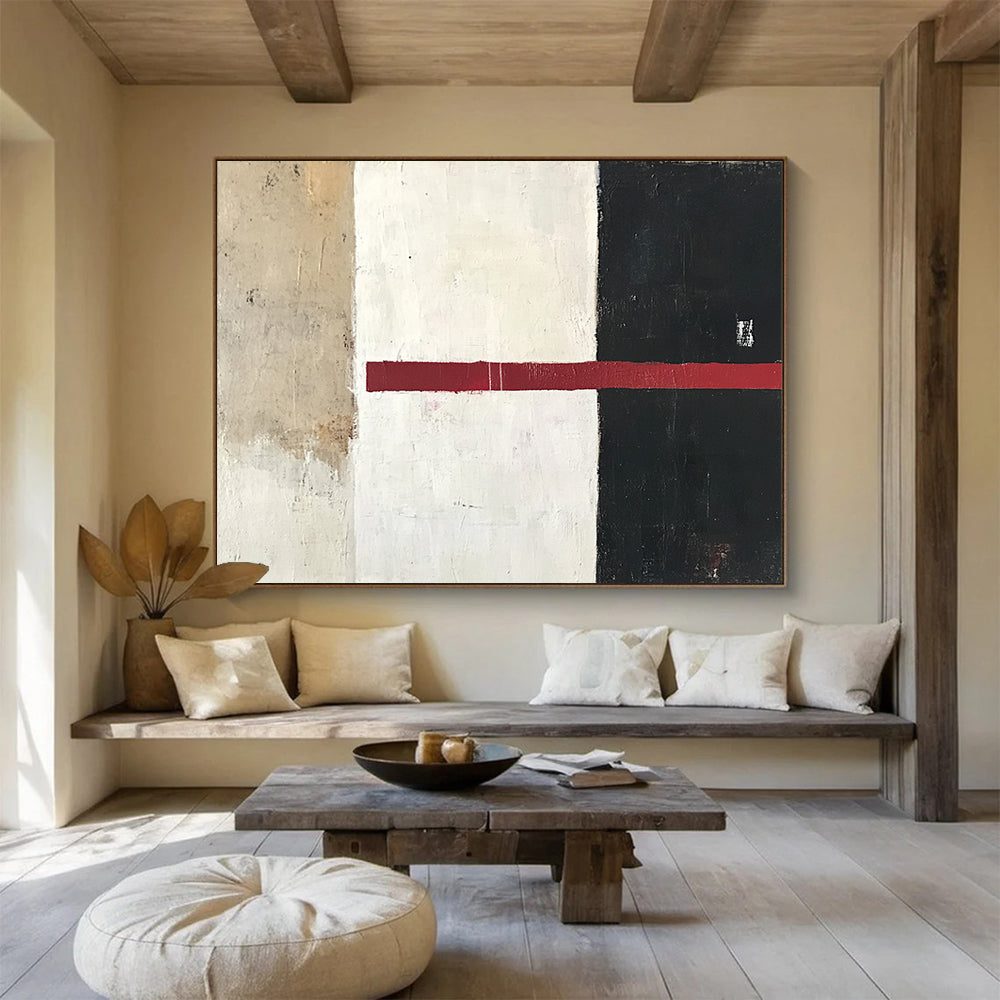 “Minimalist Color Divide” - Beige, White, Black, Red, Horizontal Stripe - Painting On Canvas HB1441