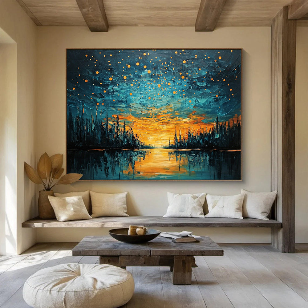 “Starry River Sunset” - Orange, Blue, River & Starry Sky Oil Painting On Canvas HB0719