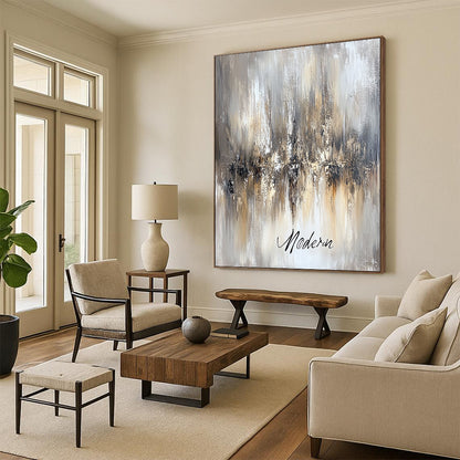 Contemporary abstract artwork featuring an ethereal chandelier in beige and grey tones with "Modern" in cursive on a canvas-textured background. DLZ0457
