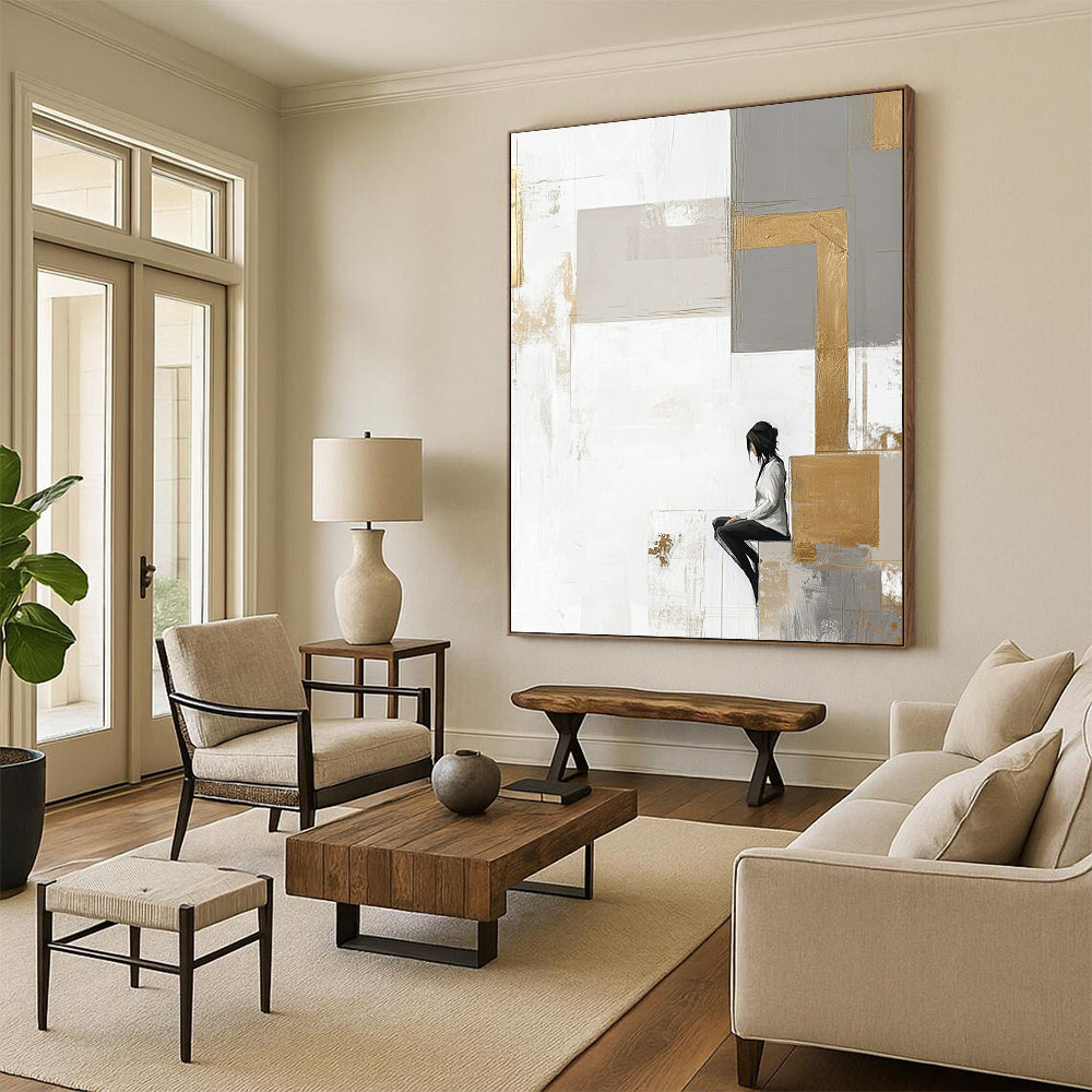 Contemporary abstract artwork features large neutral squares with gold accents on a white backdrop complemented by pale gray and beige elements. DLZ0626