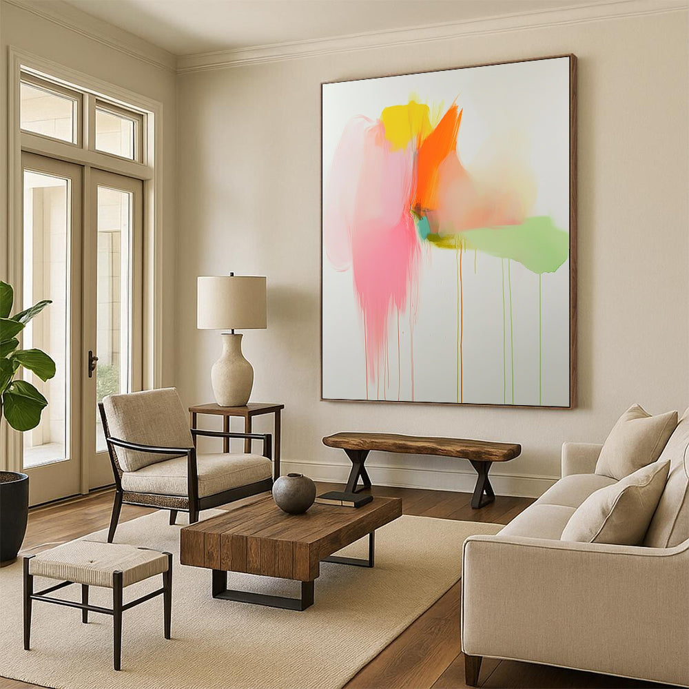Vibrant contemporary abstract artwork featuring soft pink orange and green tones with pastel drips on a white background creating a serene visual experience. DLZ1063