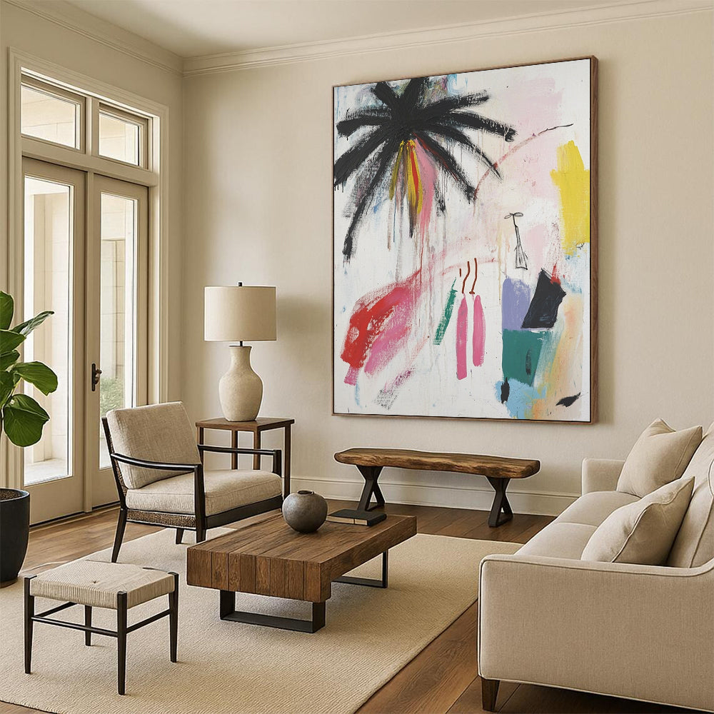 Contemporary hand-painted abstract art featuring palm trees and vibrant colors with a unique figure, blending raw strokes and minimalistic elements. DLZ0633