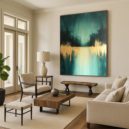 Contemporary abstract art features teal and gold shades with distant trees and a wet-on-water effect creating a serene low-contrast atmosphere. DLZ0771