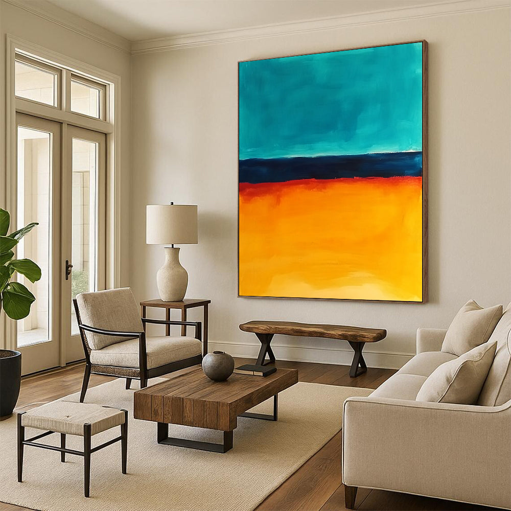 Contemporary abstract painting features vibrant orange and teal hues capturing the ocean at sunset in a captivating visual experience. DLZ1386