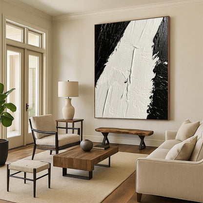 Contemporary hand-painted abstract artwork showcasing intricate white oil paint textures contrasted against deep black tones on canvas. DLZ1745