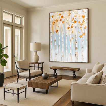 Contemporary abstract artwork featuring birch trees with gold and white leaves against a light blue background with textured brush strokes and floral accents. DLZ0976
