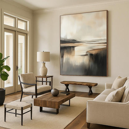 Contemporary abstract painting featuring a misty coastal landscape in neutral tones with rich texture and depth and gentle shadows. DLZ0472