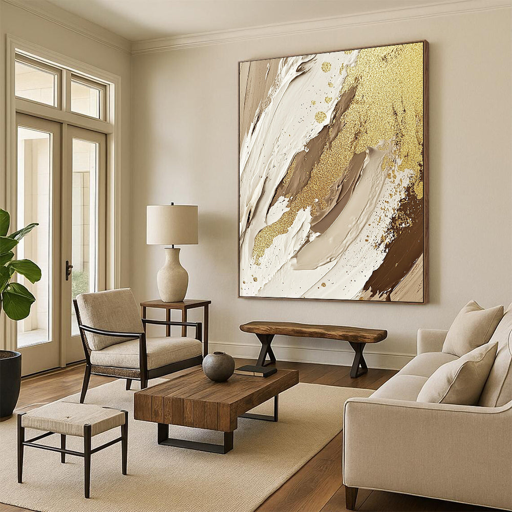 Large contemporary hand-painted abstract artwork featuring textures of cream, beige, and white with gold foil accents and glitter for an elegant touch. DLZ1188