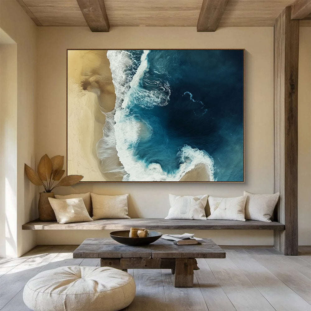 “Aerial Beach View” - Blue, White, Beige with Ocean and Sand - Aerial Photography Print HB1355