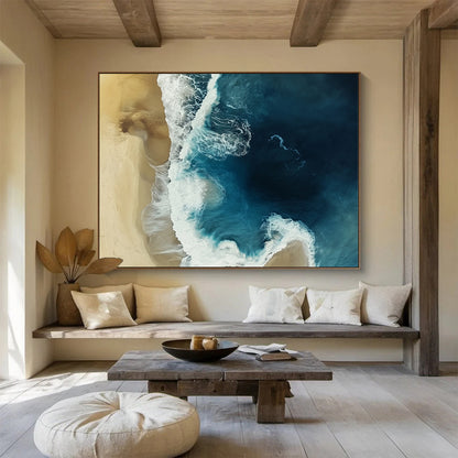 “Aerial Beach View” - Blue, White, Beige with Ocean and Sand - Aerial Photography Print HB1355