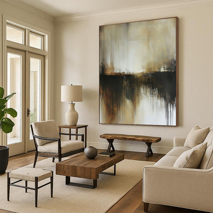 Contemporary hand-painted abstract art in neutral browns and greys evokes a dark grungy misty atmosphere with subtle beige and white tones. DLZ0528