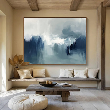“Muted Tonal Abstract Landscape” - Shades of gray, blue, white; Abstract landscape with soft brushstrokes; Oil Painting On Canvas HB1237