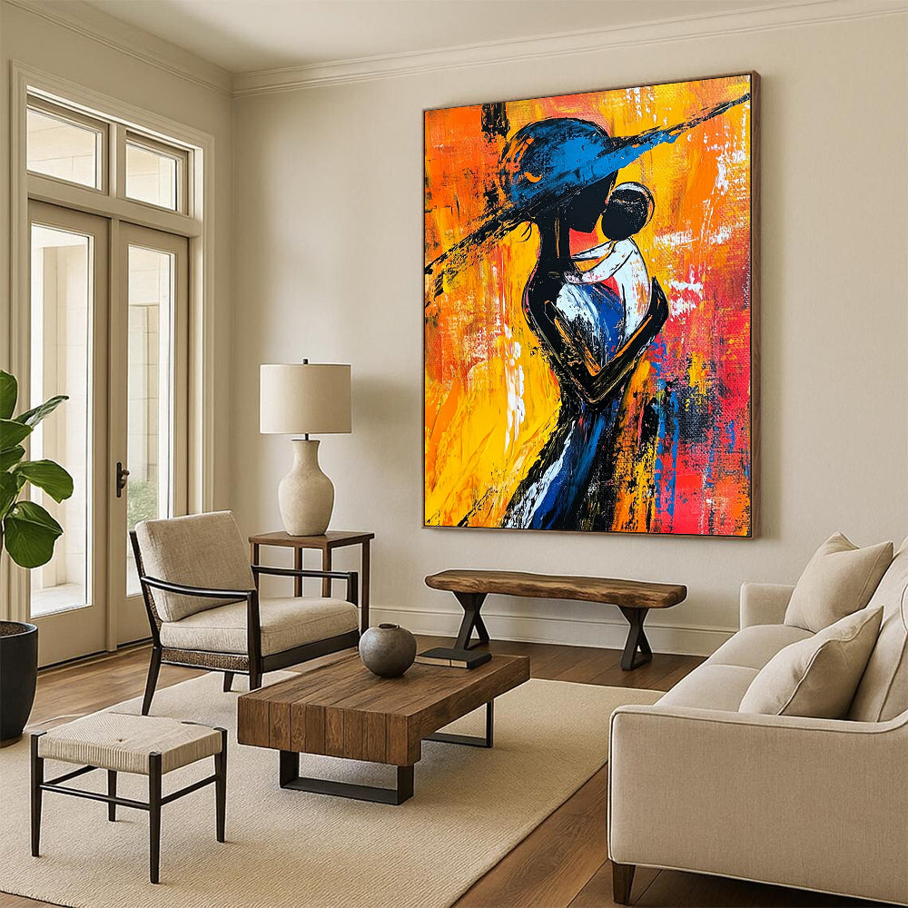 Contemporary abstract painting showcasing a woman in black and white with a blue hat surrounded by warm reds yellows and oranges vibrant brush strokes. DLZ1499