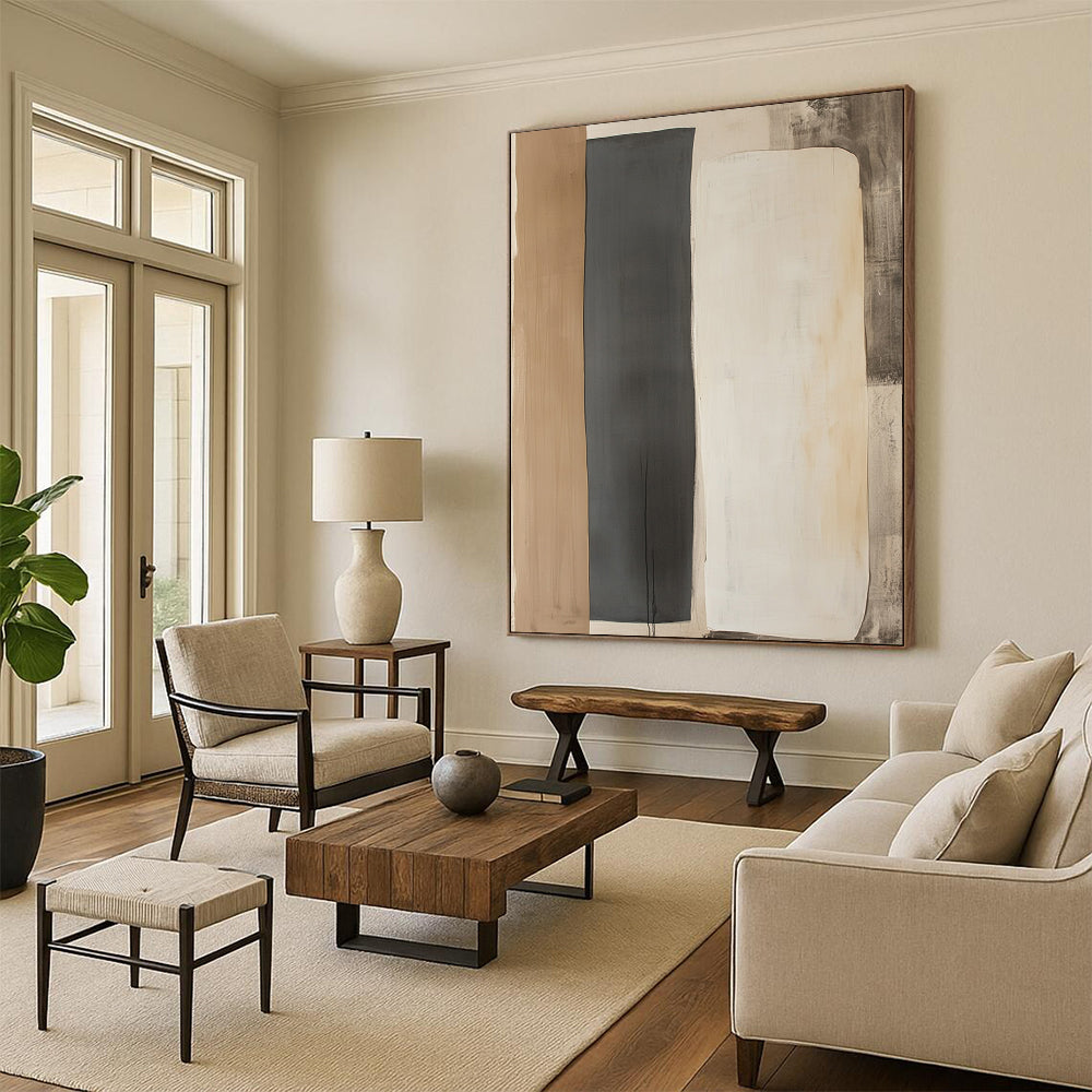 Contemporary hand-painted abstract art featuring two minimalist shapes in light gray and dark beige on a wall-mounted paper display. DLZ1326