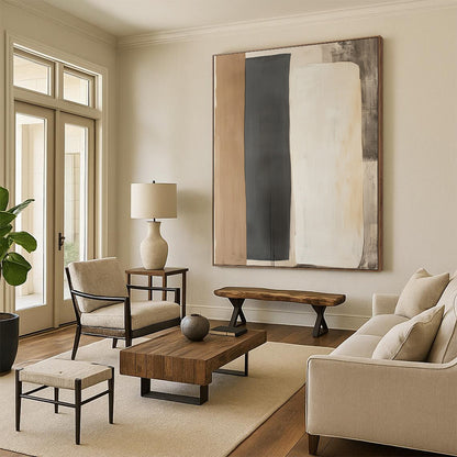 Contemporary hand-painted abstract art featuring two minimalist shapes in light gray and dark beige on a wall-mounted paper display. DLZ1326