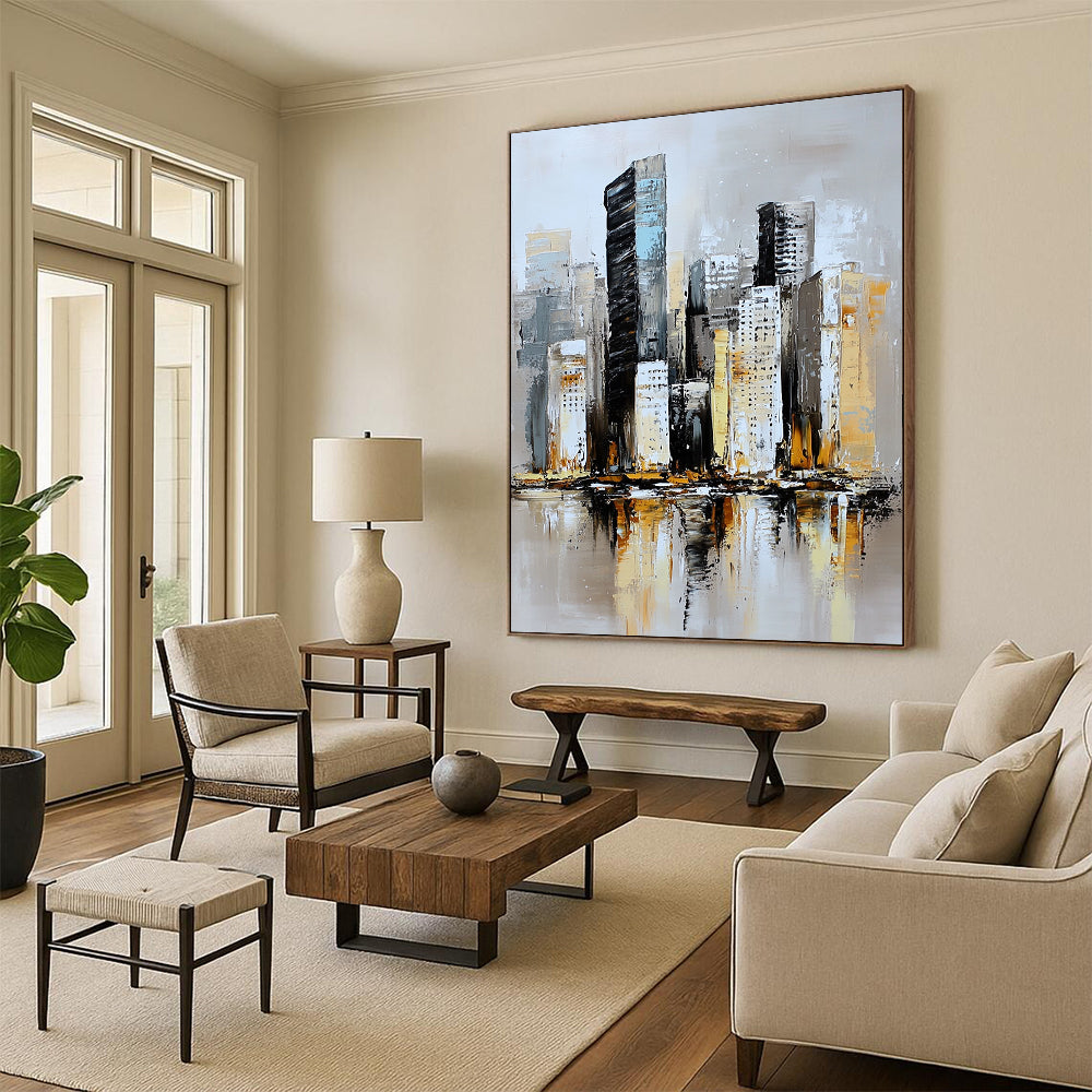 Contemporary abstract painting featuring a textured neutral-toned skyline with soft brushstrokes and serene reflections on water in a muted atmosphere. DLZ0852