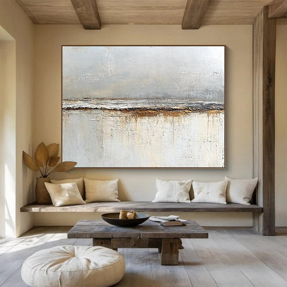 “Textured Gray and Brown Divide” - Gray, brown, white; Textured horizontal divide with drips; Oil Painting On Canvas HB1217